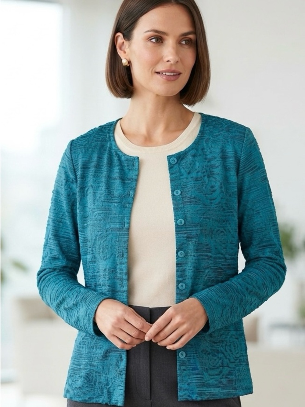 TanJay Lightweight Button-Down Jacket Teal Floral Texture Petite Small